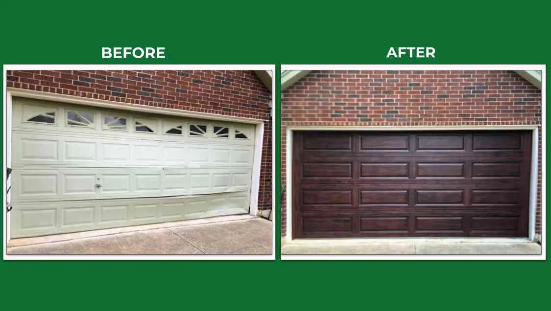 Side-by-side before and after — garage door panel repair
